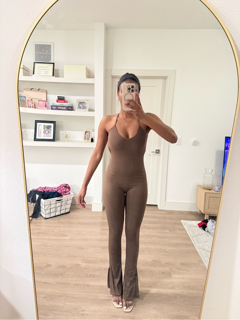 Oh Polly Brown Scoop Neck Fitted Jumpsuit
